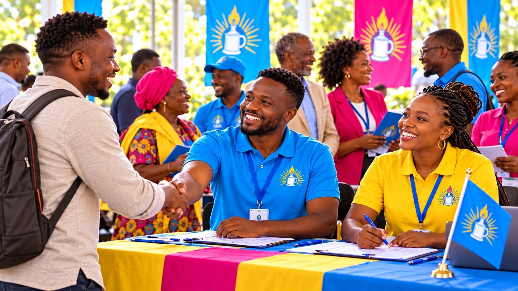 A TAA volunteer welcoming a new member with women and men organizers